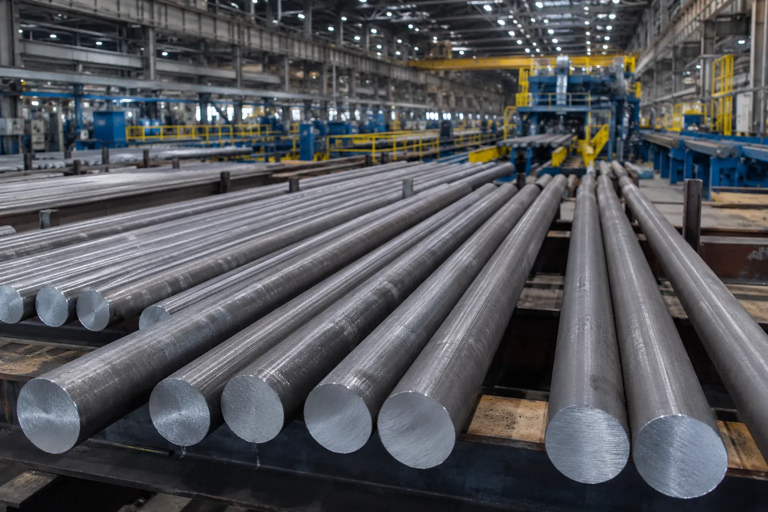 Special steel round bars inside a modern industrial manufacturing facility