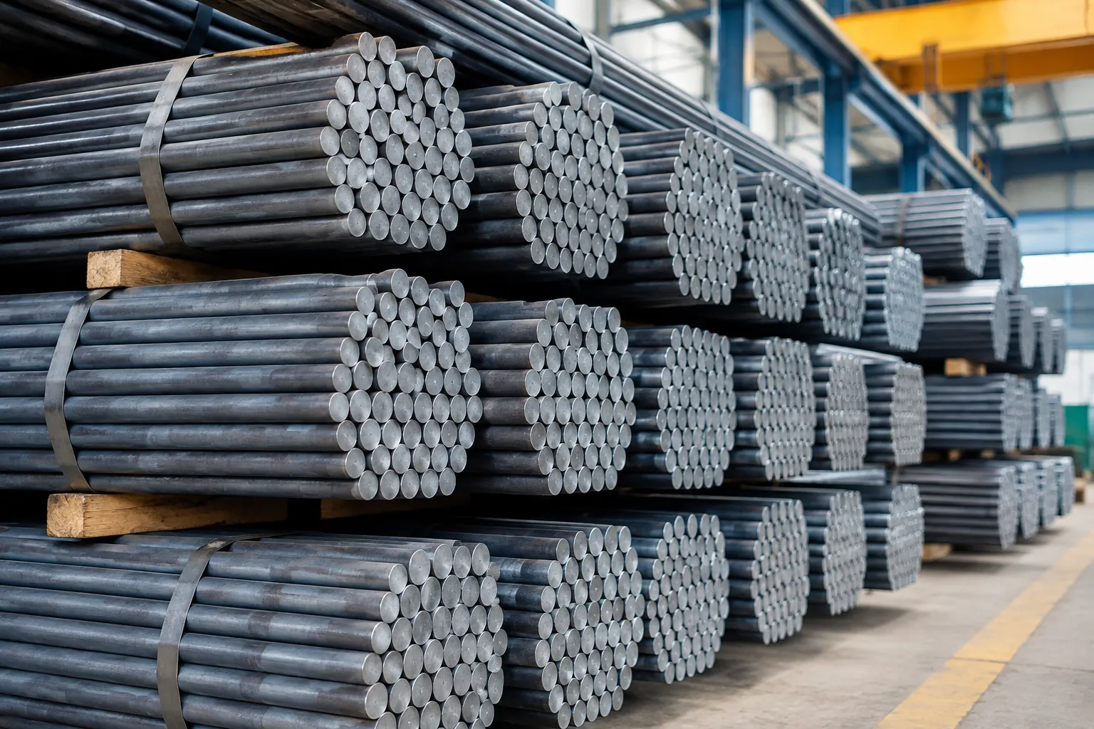 Bundles of special steel round bars stacked in an industrial warehouse
