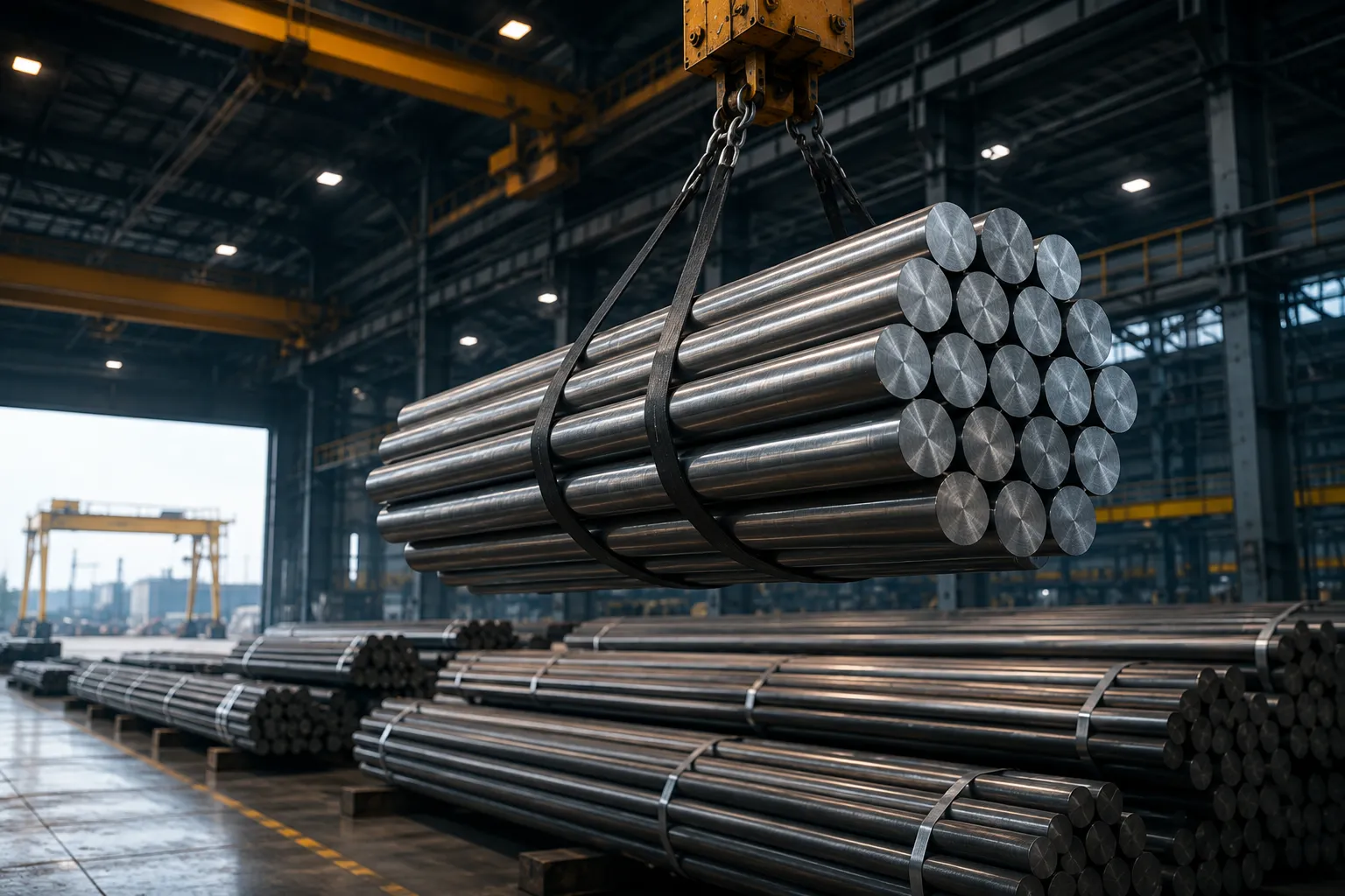 Special steel round bars being lifted by an overhead crane in an industrial facility